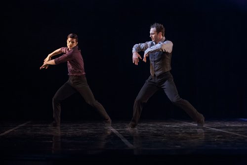 MIKE DEAL / WINNIPEG FREE PRESS
RWB dancers Ryan Vetter (purple shirt) and Liam Caines (beige shirt with vest) perform Ballet & the Band with live music from The Bros. Landreth during a media call at the Club Regent Event Centre Wednesday afternoon. The production will be running from March 28-30.
190327 - Wednesday, March 27, 2019.