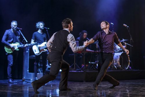 MIKE DEAL / WINNIPEG FREE PRESS
RWB dancers Ryan Vetter (purple shirt) and Liam Caines (beige shirt with vest) perform Ballet & the Band with live music from The Bros. Landreth during a media call at the Club Regent Event Centre Wednesday afternoon. The production will be running from March 28-30.
190327 - Wednesday, March 27, 2019.