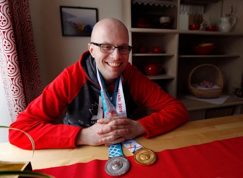 PHIL HOSSACK / WINNIPEG FREE PRESS  - Special Olympian bocce ball athlete Philip Bialk shows off his hardware Wednesday after returning from the United Arab Enmirates where 7000 athletes competed in Summer Games. See Alex Paul's story.  - March27, 2019.