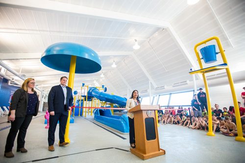 MIKAELA MACKENZIE / WINNIPEG FREE PRESS
Devi Sharma, councillor for Old Kildonan, speaks at the re-opening of updated Seven Oaks Pool and citys first indoor splash pad in Winnipeg on Thursday, March 28, 2019. 
Winnipeg Free Press 2019.