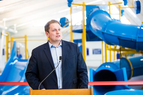 MIKAELA MACKENZIE / WINNIPEG FREE PRESS
Nic Curry, MLA for Kildonan, speaks at the re-opening of updated Seven Oaks Pool and citys first indoor splash pad in Winnipeg on Thursday, March 28, 2019. 
Winnipeg Free Press 2019.