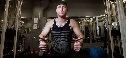 PHIL HOSSACK / WINNIPEG FREE PRESS - Winnipeg Goldeye Josh Romanski works out in the team gym Thursday afternoon. See Taylor Allen story. - March 28, 2019.