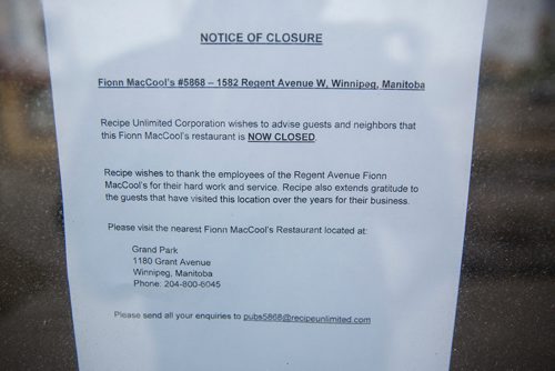 MIKE DEAL / WINNIPEG FREE PRESS
Fionn MacCool's at Crossroads Station Shopping Centre 1582 Regent Ave West is permanently closed with a sign in the doorway telling customers to go to the Grant Park location.
190328 - Thursday, March 28, 2019.