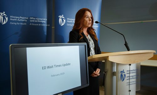 MIKE DEAL / WINNIPEG FREE PRESS
Krista Williams, chief health operations officer, WRHA discusses the updated wait times report for Winnipeg emergency departments during a press conference at the WRHA headquarters 650 Main Street.
190328 - Thursday, March 28, 2019.