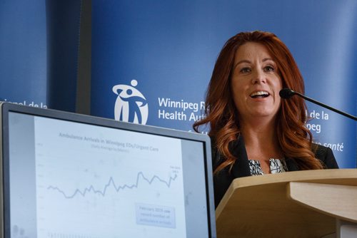 MIKE DEAL / WINNIPEG FREE PRESS
Krista Williams, chief health operations officer, WRHA discusses the updated wait times report for Winnipeg emergency departments during a press conference at the WRHA headquarters 650 Main Street.
190328 - Thursday, March 28, 2019.