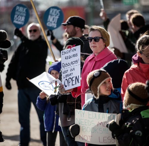 PHIL HOSSACK / WINNIPEG FREE PRESS - Teachers rally in front of the Robert Fletcher Building at 1181 Portage ave against provincial cutbacks affecting their support.See release, STANDUP. - March 28, 2019.