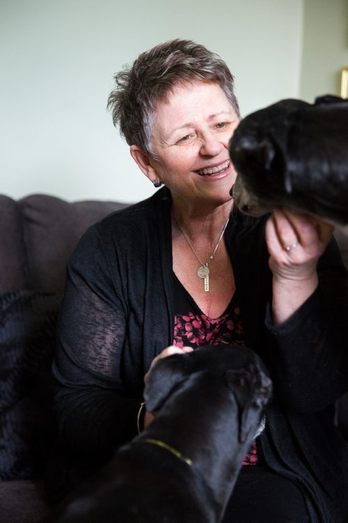 MIKAELA MACKENZIE / WINNIPEG FREE PRESS
Susan Lohse, vice president of Northern Sky Greyhounds, with her three dogs and a friend's greyhound in Winnipeg on Thursday, March 28, 2019.  For Declan Schroeder story.
Winnipeg Free Press 2019.