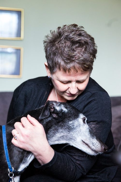 MIKAELA MACKENZIE / WINNIPEG FREE PRESS
Susan Lohse, vice president of Northern Sky Greyhounds, with her three dogs and a friend's greyhound in Winnipeg on Thursday, March 28, 2019.  For Declan Schroeder story.
Winnipeg Free Press 2019.