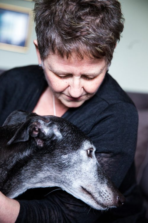 MIKAELA MACKENZIE / WINNIPEG FREE PRESS
Susan Lohse, vice president of Northern Sky Greyhounds, with her three dogs and a friend's greyhound in Winnipeg on Thursday, March 28, 2019.  For Declan Schroeder story.
Winnipeg Free Press 2019.