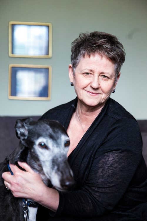 MIKAELA MACKENZIE / WINNIPEG FREE PRESS
Susan Lohse, vice president of Northern Sky Greyhounds, with her three dogs and a friend's greyhound in Winnipeg on Thursday, March 28, 2019.  For Declan Schroeder story.
Winnipeg Free Press 2019.