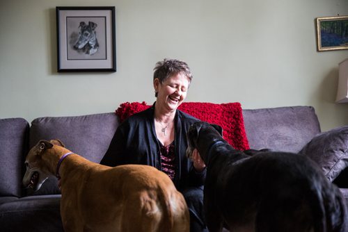 MIKAELA MACKENZIE / WINNIPEG FREE PRESS
Susan Lohse, vice president of Northern Sky Greyhounds, with her three dogs and a friend's greyhound in Winnipeg on Thursday, March 28, 2019.  For Declan Schroeder story.
Winnipeg Free Press 2019.