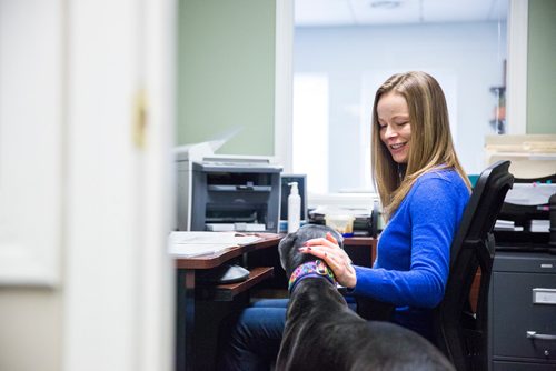 MIKAELA MACKENZIE / WINNIPEG FREE PRESS
Carrie Hasinoff, an owner of a Northern Sky dog, and her greyhound Stormy in her office at No-Spill Systems in Winnipeg on Friday, March 29, 2019.  For Declan Schroeder story.
Winnipeg Free Press 2019.