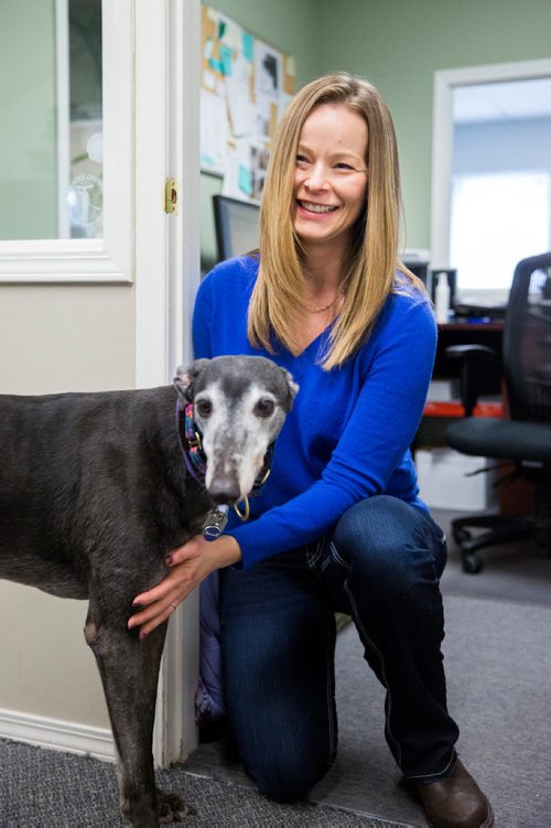 MIKAELA MACKENZIE / WINNIPEG FREE PRESS
Carrie Hasinoff, an owner of a Northern Sky dog, and her greyhound Stormy in her office at No-Spill Systems in Winnipeg on Friday, March 29, 2019.  For Declan Schroeder story.
Winnipeg Free Press 2019.