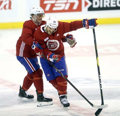 TREVOR HAGAN / WINNIPEG FREE PRESS
Montreal Canadiens' Max Domi (13) and Andrew Shaw (65), during practice, Friday, March 29, 2019.