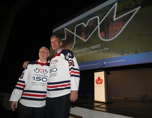 TREVOR HAGAN / WINNIPEG FREE PRESS
Stuart Murray, Chair Manitoba150 Host Committee Inc and Premier Brian Pallister at the Manitoba 150 brand launch at the Met, Friday, March 29, 2019.