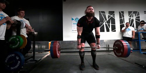 PHIL HOSSACK / WINNIPEG FREE PRESS - Casey Saunders lifts a bending barbell on his way to a successful deadlift of 660 lbs Saturday. Lifters gathered at the Midtown Barbell Gym in Osborne Village to deadlift and raise funds for leukaemia patient Maya Chernican (4). See Bill Redekopp story / Press release. Call Andrew at 431-999-9437 for more details. - March 30, 2019.