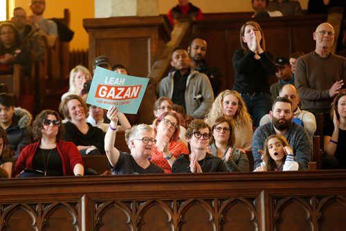 JOHN WOODS / WINNIPEG FREE PRESS
A supporter of Leah Gazan react as she speaks at the federal NDP Winnipeg candidate nomination meeting at Knox United Church in Winnipeg Sunday, March 31, 2019.