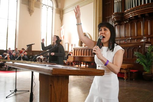 JOHN WOODS / WINNIPEG FREE PRESS
Candidate Leah Gazan gestures during her speech on the stage at the federal NDP Winnipeg candidate nomination meeting at Knox United Church in Winnipeg Sunday, March 31, 2019.