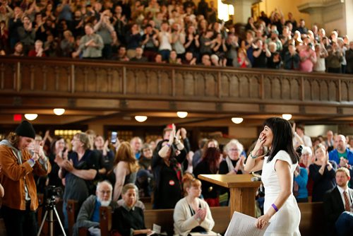 JOHN WOODS / WINNIPEG FREE PRESS
Leah Gazan gestures as supporters give her a standing ovation after she speaks at the federal NDP Winnipeg candidate nomination meeting at Knox United Church in Winnipeg Sunday, March 31, 2019.