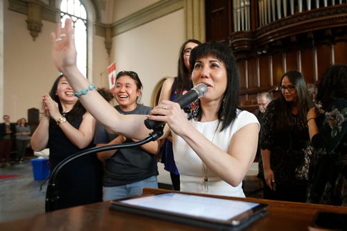 JOHN WOODS / WINNIPEG FREE PRESS
Leah Gazan, voted the representative for Winnipeg Centre at the federal NDP Winnipeg candidate nomination meeting, speaks to supporters at Knox United Church in Winnipeg Sunday, March 31, 2019.