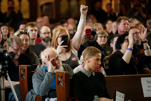 JOHN WOODS / WINNIPEG FREE PRESS
A supporter of Leah Gazan react as she speaks at the federal NDP Winnipeg candidate nomination meeting at Knox United Church in Winnipeg Sunday, March 31, 2019.