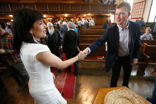 JOHN WOODS / WINNIPEG FREE PRESS
Leah Gazan, voted the representative for Winnipeg Centre at the federal NDP Winnipeg candidate nomination meeting, shakes hands with her opponent Andrew Swan at Knox United Church in Winnipeg Sunday, March 31, 2019.