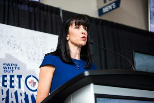 MIKAELA MACKENZIE / WINNIPEG FREE PRESS
Dayna Spiring, president and CEO of Economic Development Winnipeg, speaks at the official launch of the 2019 #WPGWhiteout Street Parties at Bell MTS Place in Winnipeg on Monday, April 1, 2019.   For Ryan Thorpe story.
Winnipeg Free Press 2019.