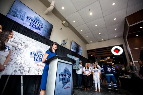 MIKAELA MACKENZIE / WINNIPEG FREE PRESS
Dayna Spiring, president and CEO of Economic Development Winnipeg, speaks at the official launch of the 2019 #WPGWhiteout Street Parties at Bell MTS Place in Winnipeg on Monday, April 1, 2019.   For Ryan Thorpe story.
Winnipeg Free Press 2019.