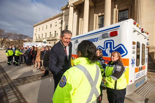 MIKE DEAL / WINNIPEG FREE PRESS
Premier Brian Pallister announced that the Manitoba government has reduced ambulance fees, effective immediately, to no more than $250 per ride, during a press conference held in the rotunda of the Manitoba Legislative building Monday morning. He also held a photo opportunity with many of his MLA's and a couple of ambulances and their EMS crew outside the building.
190401 - Monday, April 01, 2019.