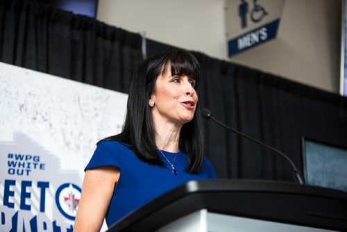 MIKAELA MACKENZIE / WINNIPEG FREE PRESS
Dayna Spiring, president and CEO of Economic Development Winnipeg, speaks at the official launch of the 2019 #WPGWhiteout Street Parties at Bell MTS Place in Winnipeg on Monday, April 1, 2019.   For Ryan Thorpe story.
Winnipeg Free Press 2019.