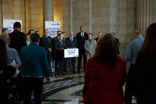 MIKE DEAL / WINNIPEG FREE PRESS
Health, Seniors and Active Living Minister Cameron Friesen talks after Premier Brian Pallister announced that the Manitoba government has reduced ambulance fees, effective immediately, to no more than $250 per ride, during a press conference held in the rotunda of the Manitoba Legislative building Monday morning. 
190401 - Monday, April 01, 2019.