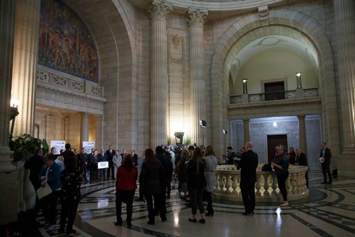 MIKE DEAL / WINNIPEG FREE PRESS
Health, Seniors and Active Living Minister Cameron Friesen talks after Premier Brian Pallister announced that the Manitoba government has reduced ambulance fees, effective immediately, to no more than $250 per ride, during a press conference held in the rotunda of the Manitoba Legislative building Monday morning. 
190401 - Monday, April 01, 2019.