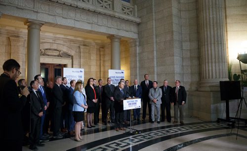 MIKE DEAL / WINNIPEG FREE PRESS
Health, Seniors and Active Living Minister Cameron Friesen talks after Premier Brian Pallister announced that the Manitoba government has reduced ambulance fees, effective immediately, to no more than $250 per ride, during a press conference held in the rotunda of the Manitoba Legislative building Monday morning. 
190401 - Monday, April 01, 2019.