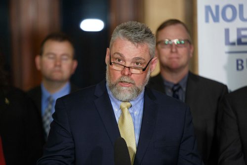 MIKE DEAL / WINNIPEG FREE PRESS
Scott Noble, regional director, emergency medical services, Southern Health-Santé Sud talks after Premier Brian Pallister announced that the Manitoba government has reduced ambulance fees, effective immediately, to no more than $250 per ride, during a press conference held in the rotunda of the Manitoba Legislative building Monday morning. 
190401 - Monday, April 01, 2019.