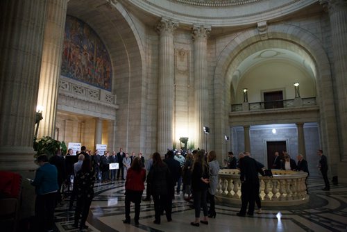 MIKE DEAL / WINNIPEG FREE PRESS
Health, Seniors and Active Living Minister Cameron Friesen talks after Premier Brian Pallister announced that the Manitoba government has reduced ambulance fees, effective immediately, to no more than $250 per ride, during a press conference held in the rotunda of the Manitoba Legislative building Monday morning. 
190401 - Monday, April 01, 2019.