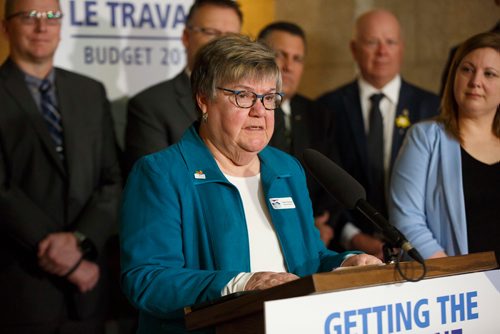 MIKE DEAL / WINNIPEG FREE PRESS
Connie Newman, executive director, Manitoba Association of Senior Centres talks after Premier Brian Pallister announced that the Manitoba government has reduced ambulance fees, effective immediately, to no more than $250 per ride, during a press conference held in the rotunda of the Manitoba Legislative building Monday morning. 
190401 - Monday, April 01, 2019.