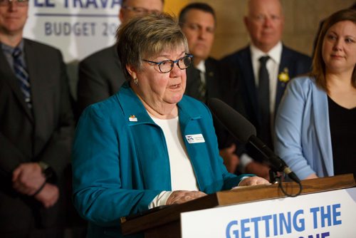 MIKE DEAL / WINNIPEG FREE PRESS
Connie Newman, executive director, Manitoba Association of Senior Centres talks after Premier Brian Pallister announced that the Manitoba government has reduced ambulance fees, effective immediately, to no more than $250 per ride, during a press conference held in the rotunda of the Manitoba Legislative building Monday morning. 
190401 - Monday, April 01, 2019.