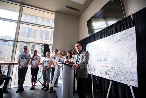MIKAELA MACKENZIE / WINNIPEG FREE PRESS
Kevin Donnelly, senior vice president of venues and entertainment at True North Sports + Entertainment, speaks at the official launch of the 2019 #WPGWhiteout Street Parties at Bell MTS Place in Winnipeg on Monday, April 1, 2019.   For Ryan Thorpe story.
Winnipeg Free Press 2019.