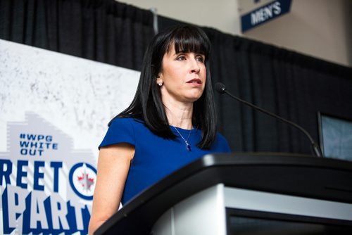 MIKAELA MACKENZIE / WINNIPEG FREE PRESS
Dayna Spiring, president and CEO of Economic Development Winnipeg, speaks at the official launch of the 2019 #WPGWhiteout Street Parties at Bell MTS Place in Winnipeg on Monday, April 1, 2019.   For Ryan Thorpe story.
Winnipeg Free Press 2019.