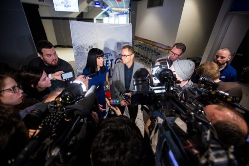 MIKAELA MACKENZIE / WINNIPEG FREE PRESS
Dayna Spiring, president and CEO of Economic Development Winnipeg, and Kevin Donnelly, senior vice president of venues and entertainment at True North Sports + Entertainment, scrum after the official launch of the 2019 #WPGWhiteout Street Parties at Bell MTS Place in Winnipeg on Monday, April 1, 2019.   For Ryan Thorpe story.
Winnipeg Free Press 2019.