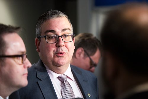 MIKAELA MACKENZIE / WINNIPEG FREE PRESS
Michael Jack, chief corporate services officer at the City of Winnipeg, scrums after the official launch of the 2019 #WPGWhiteout Street Parties at Bell MTS Place in Winnipeg on Monday, April 1, 2019.   For Ryan Thorpe story.
Winnipeg Free Press 2019.