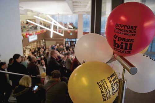 Canstar Community News March 26, 2019 - Winnipeggers, faith groups and local musicians gathered at Canadian Mennonite University on March 26 to urge the Senate of Canada to pass Bill C-262 before the House of Commons rises for the summer. (DANIELLE DA SILVA/SOUWESTER/CANSTAR)