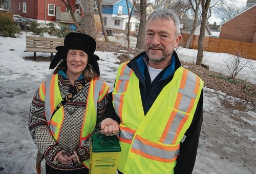 Canstar Community News Mar. 27, 2019 - Darach McDonnell and Willow Aster are two of the founding members of Wolseley Watch, a citizen patrol group that cleans up used needles in the neighbourhood. (EVA WASNEY/CANSTAR COMMUNITY NEWS/METRO)