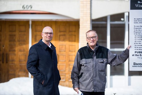 MIKAELA MACKENZIE / WINNIPEG FREE PRESS
Richard Frechette (left), administrator at Archdiocese of Saint Boniface and  Gordon Grey of Discovery Homes pose for a portrait by the former Notre-Dame-de-L-Assomption parish in Transcona, which is slated to become condos in Winnipeg on Tuesday, April 2, 2019.  For Brenda Suderman story.
Winnipeg Free Press 2019.