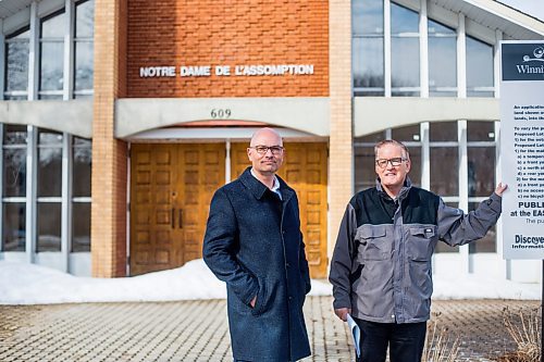 MIKAELA MACKENZIE / WINNIPEG FREE PRESS
Richard Frechette (left), administrator at Archdiocese of Saint Boniface and  Gordon Grey of Discovery Homes pose for a portrait by the former Notre-Dame-de-L-Assomption parish in Transcona, which is slated to become condos in Winnipeg on Tuesday, April 2, 2019.  For Brenda Suderman story.
Winnipeg Free Press 2019.