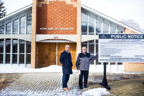 MIKAELA MACKENZIE / WINNIPEG FREE PRESS
Richard Frechette (left), administrator at Archdiocese of Saint Boniface and  Gordon Grey of Discovery Homes pose for a portrait by the former Notre-Dame-de-L-Assomption parish in Transcona, which is slated to become condos in Winnipeg on Tuesday, April 2, 2019.  For Brenda Suderman story.
Winnipeg Free Press 2019.