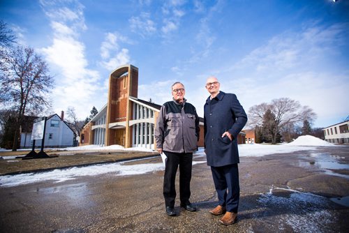 MIKAELA MACKENZIE / WINNIPEG FREE PRESS
Richard Frechette (right), administrator at Archdiocese of Saint Boniface and  Gordon Grey of Discovery Homes pose for a portrait by the former Notre-Dame-de-L-Assomption parish in Transcona, which is slated to become condos in Winnipeg on Tuesday, April 2, 2019.  For Brenda Suderman story.
Winnipeg Free Press 2019.