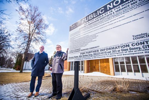 MIKAELA MACKENZIE / WINNIPEG FREE PRESS
Richard Frechette (left), administrator at Archdiocese of Saint Boniface and  Gordon Grey of Discovery Homes pose for a portrait by the former Notre-Dame-de-L-Assomption parish in Transcona, which is slated to become condos in Winnipeg on Tuesday, April 2, 2019.  For Brenda Suderman story.
Winnipeg Free Press 2019.