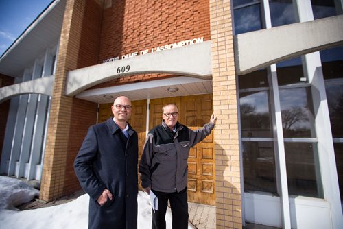 MIKAELA MACKENZIE / WINNIPEG FREE PRESS
Richard Frechette (left), administrator at Archdiocese of Saint Boniface and  Gordon Grey of Discovery Homes pose for a portrait by the former Notre-Dame-de-L-Assomption parish in Transcona, which is slated to become condos in Winnipeg on Tuesday, April 2, 2019.  For Brenda Suderman story.
Winnipeg Free Press 2019.