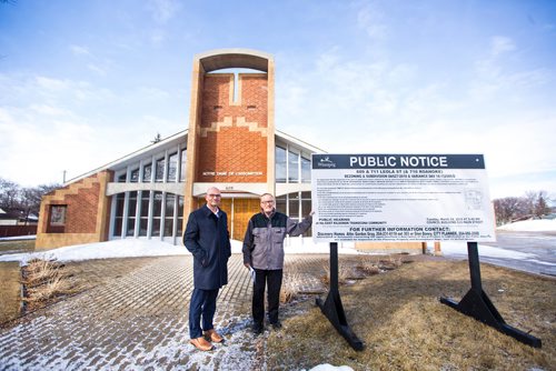 MIKAELA MACKENZIE / WINNIPEG FREE PRESS
Richard Frechette (left), administrator at Archdiocese of Saint Boniface and  Gordon Grey of Discovery Homes pose for a portrait by the former Notre-Dame-de-L-Assomption parish in Transcona, which is slated to become condos in Winnipeg on Tuesday, April 2, 2019.  For Brenda Suderman story.
Winnipeg Free Press 2019.